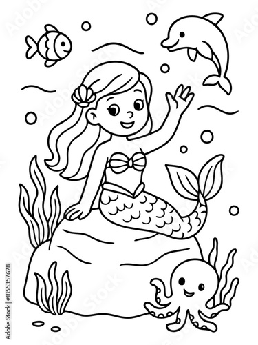 Mermaid and Ocean friends: An enchanting hand-drawn illustration captures the underwater world, featuring a graceful mermaid, accompanied by friendly marine companions and whimsical ocean elements.