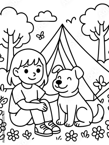 Camping Companions: A cheerful illustration of a child and a dog sharing a serene camping moment amidst nature's embrace.