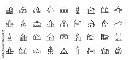 Architecture and building line icon set. Vector pictograms of house, tower, church, pavilion, cabin, cottage, temple, and shed, thin outline illustration.