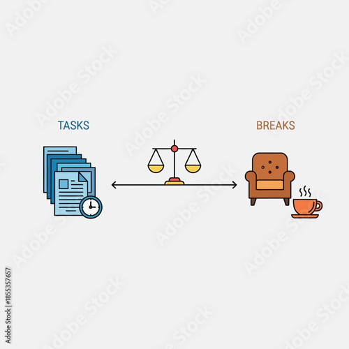 Work-Life Balance Concept: Tasks vs. Breaks, Scales of Justice, Armchair, Coffee Cup
