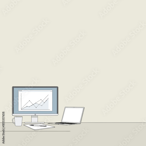 Workspace with Computer, Laptop, and Graph Data Displayed