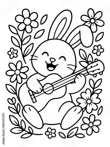 Musical Bunny's Serenade: An adorable bunny strums a ukulele, surrounded by flowers, radiating joy and creating a whimsical scene.