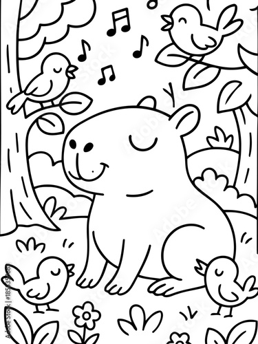 Capybara's Serenade: A cheerful illustration depicts a capybara serenaded by songbirds, showcasing a moment of tranquil interaction.