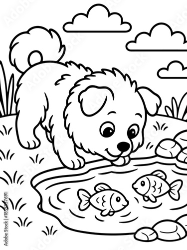Puppy's Curious Pond: A cute puppy, depicted in a playful cartoon style, peers into a pond filled with fish. Its innocent curiosity and the simplicity of the line art create a heartwarming visual