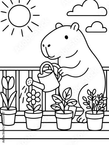Capybara Gardening: A whimsical capybara tends its potted flowers on a sunny balcony, radiating joy and a green thumb. A cheerful scene of nurturing and love for life.
