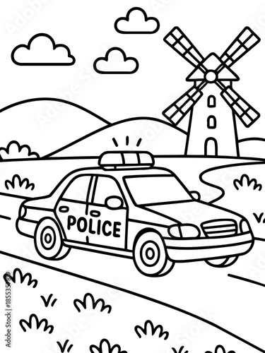 Patrol Car on Country Road: A police car on duty on a rural road, with a windmill in the background, a scene evoking a sense of safety and community.