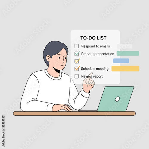 Man checking tasks on to-do list near laptop, organized workflow concept