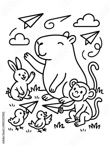 Playful Companions: A heartwarming illustration features an ensemble of animal friends, each with unique expressions and holding paper airplanes, evoking a sense of carefree delight.