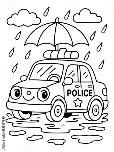 Patrol Car in the Rain: An adorable cartoon-style police car navigates a rainy day, protected by an umbrella, evoking a sense of childlike wonder and protection.