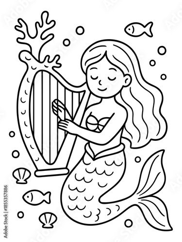 Mermaid's Serenade: An illustration of a whimsical mermaid with flowing hair plays the harp underwater, surrounded by aquatic life, evoking a sense of enchantment and harmony.