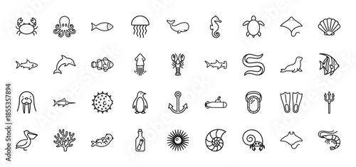 Ocean life line icon set. Vector pictograms of octopus, whale, shark, turtle, jellyfish, penguin, seahorse, crab, coral, and submarine, thin outline illustration.