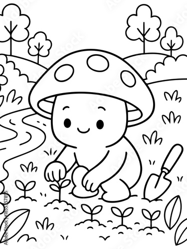 Mushroom's Garden: A charming cartoon mushroom happily tends to his garden. He is lovingly planting a sapling, in a scene that evokes tranquility.