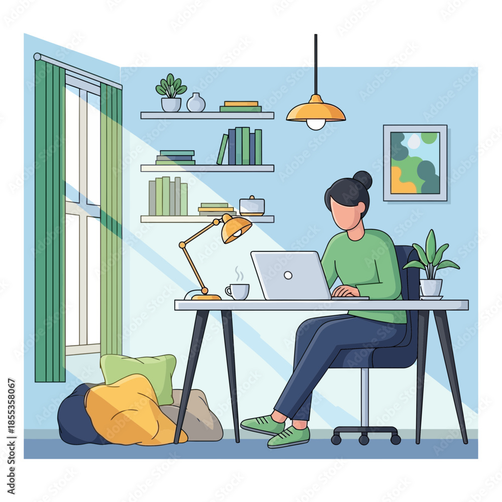 Obraz premium Woman working on laptop at home office desk with sunlight streaming through window.