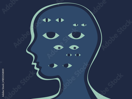 Silhouette of a human head with many eyes on it symbolizing a person's anxieties and fears, fragile calm and constant worry. Vector illustation.