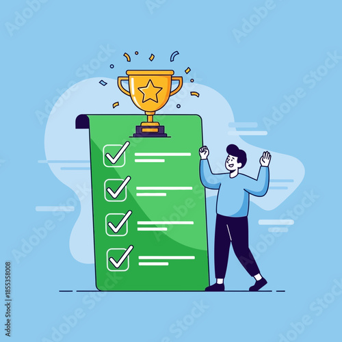 Successful Checklist Completion with Trophy and Confetti - Goal Achievement Concept