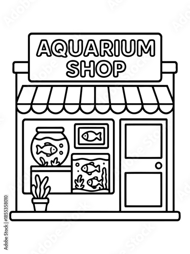 Wallpaper Mural Aquarium Shop Illustration: A simple yet inviting line art illustration showcases an aquarium shop, inviting potential customers to explore the underwater world, with aquarium sign and showcase. Torontodigital.ca
