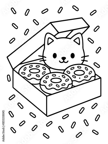 Sweet Treat: An adorable cat peeks out from a box filled with delicious donuts, surrounded by sprinkles, a whimsical scene of sugary delights.