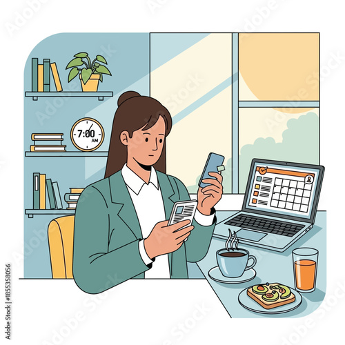 Woman checking phone and calendar on laptop during morning routine with breakfast