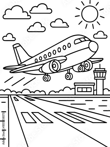 Soaring into the Sky: A sleek airplane ascends gracefully, leaving the runway behind, with a bright sun overhead. An airport control tower oversees the action with fluffy clouds above.