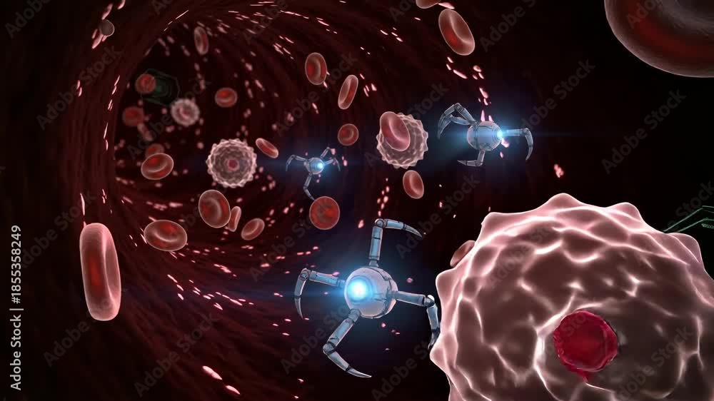 Robtic Blood Color Medical robot navigates a red blood vessel surrounded by red blood ...