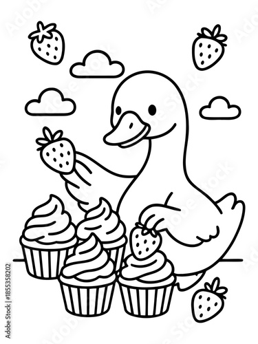 Duck's Delight: A whimsical illustration features a cheerful duck surrounded by delectable cupcakes and strawberries, creating a scene of sweet joy and culinary delight.