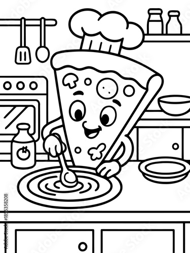 Pizza Chef's Culinary Creation: A cheerful slice of pizza, wearing a chef's hat, meticulously crafts a culinary masterpiece, stirring a sauce within a vibrant kitchen. 