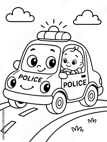 Adorable Policeman Ride: A cartoon depiction of a charming baby in a police car, radiating joy as it cruises down the road under a smiling sky.