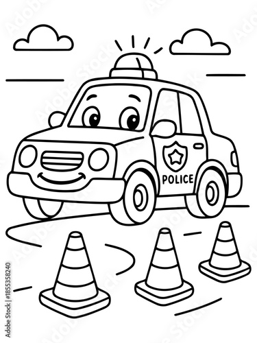 Police Car Illustration: A friendly police car patrols the road, guided by traffic cones and under the watchful eye of fluffy clouds.