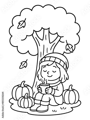 Autumn Serenity: A cozy scene unfolds as a cheerful individual, nestled beneath a bountiful tree, cradles a steaming mug amidst a backdrop of pumpkins, inviting warmth and comfort.