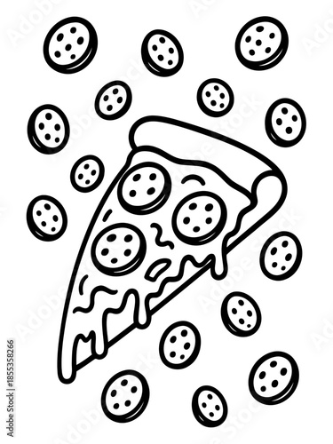 Slice of Culinary Joy: A delightful depiction of a single pizza slice with pepperoni, oozing with cheese and surrounded by a shower of pepperoni slices. Capturing the simplicity and enjoyment of food