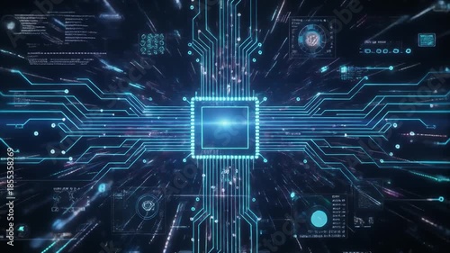 Futuristic microchip processor glowing with blue light amidst circuit boards and technology interfaces