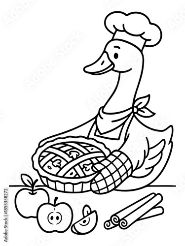 Duck Chef's Apple Pie: A charming cartoon duck, adorned in a chef's hat and apron, proudly presents a freshly baked apple pie alongside apples and cinnamon sticks. A sweet treat awaits!