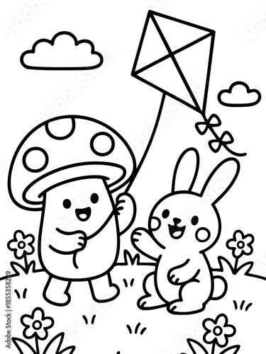 Wallpaper Mural Whimsical Kite Day: A cheerful mushroom and a joyful rabbit share a delightful moment, flying a kite amidst blooming flowers and fluffy clouds. Torontodigital.ca