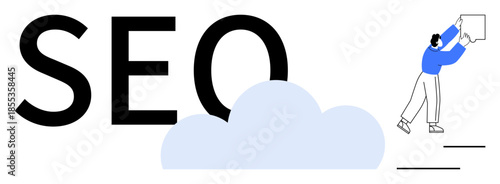SEO concept. SEO ed with bold text, cloud shape, and a person interacting for communication and strategy. SEO for digital marketing, web optimization, communication, analytics, branding
