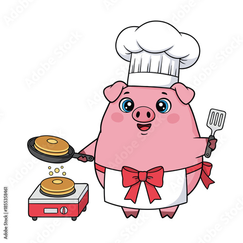 Cute Pig Chef Cooking Pancakes on Stove.
