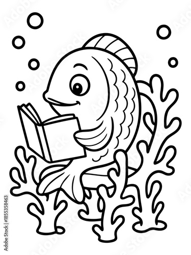 Smart fish's reading: A whimsical illustration depicts a fish immersed in the world of literature, engrossed in a book amid an underwater scene.