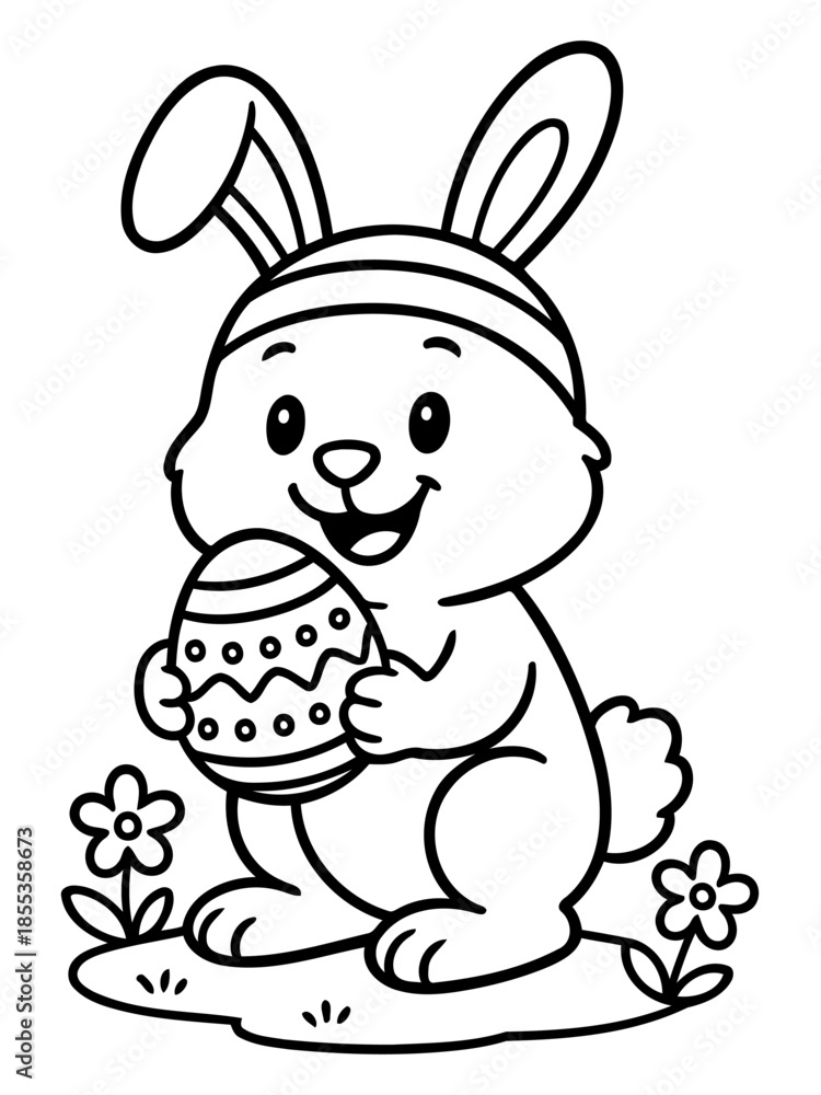 Obraz premium Easter Bunny and Egg Illustration: A charming, outlined illustration of a cheerful easter bunny holding a decorated egg, set amidst spring flowers, celebrating the holiday spirit.