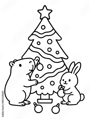 Festive Forest Friends: a charming illustration of a bear and rabbit adorning a Christmas tree in a celebration of the season, invoking the joy and magic of holiday.