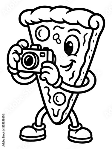 Pizza Photographer: An animated slice of pizza joyfully captures a moment with a compact camera, capturing the essence of fun and creative playfulness.
