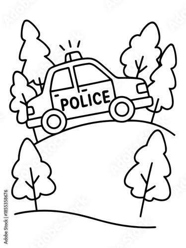 Police car at work: A black and white illustration of a police car patrolling through a natural setting. This scene highlights the presence of law enforcement within the community.