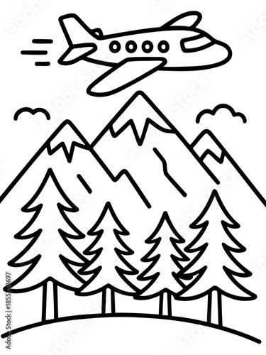 Aviation Ascent: An airplane soars above majestic mountains and lush evergreen trees, evoking a sense of adventure, travel, and exploration. 
