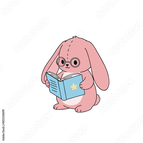 Cute Pink Bunny Reading Book with Glasses.