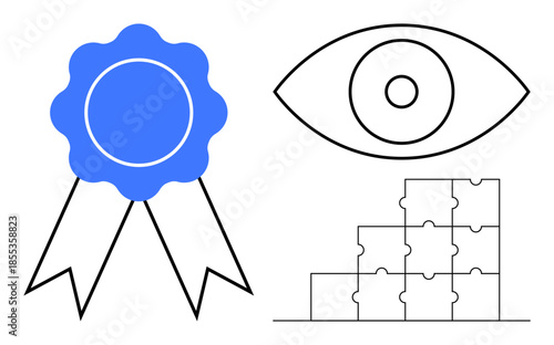 Certification concept. Certification with a ribbon for achievement, an eye vision, and puzzle pieces indicating strategy. Certification include trust, leadership, education