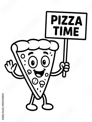 Pizza Time Delight: A cheerful cartoon slice of pizza joyfully proclaims PIZZA TIME, waving a welcoming hand, perfect for culinary content.