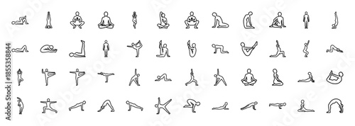 Yoga line icon set. Vector pictograms of lotus pose, downward dog, plank, cobra, tree, warrior, triangle, and bridge positions, thin black outline illustration.