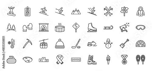 Winter sports and mountain activities line icon set. Vector pictograms of skiing, snowboarding, ice skating, hockey, sledding and cable car, thin outline illustration.