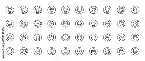 People and diverse professions line icon set. Vector pictograms of doctor, chef, police, worker, child, man, woman, and student, thin outline illustration.