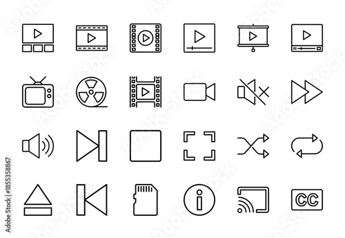 Multimedia and video player line icon set. Vector pictograms of television, movie film, volume, mute, forward, backward, shuffle, repeat, and subtitles in outline style.