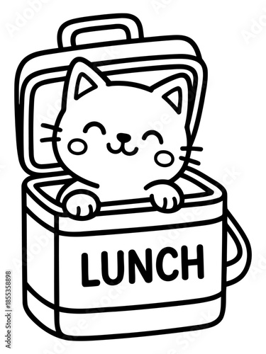 Whimsical Lunchtime Companion: A delightful cartoon cat playfully peeks out from a lunchbox, its charming expression and cheerful presence promising a delightful midday break.
