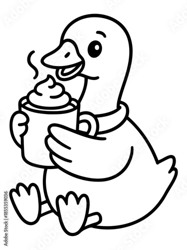 Duck and Coffee: An adorable duck delights in a warm beverage, clutching a steaming cup of coffee, exuding coziness and joy.
